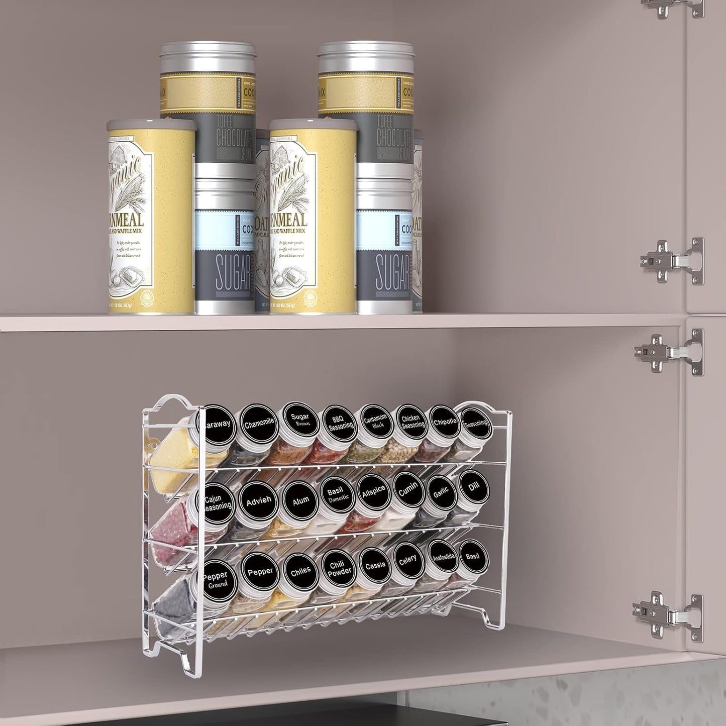 Spice rack filled with labeled jars