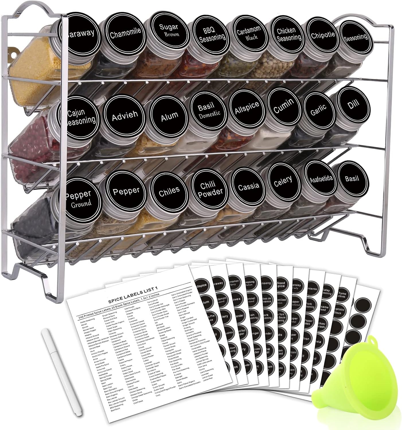 SWOMMOLY Spice Rack Organizer with 24 glass jars
