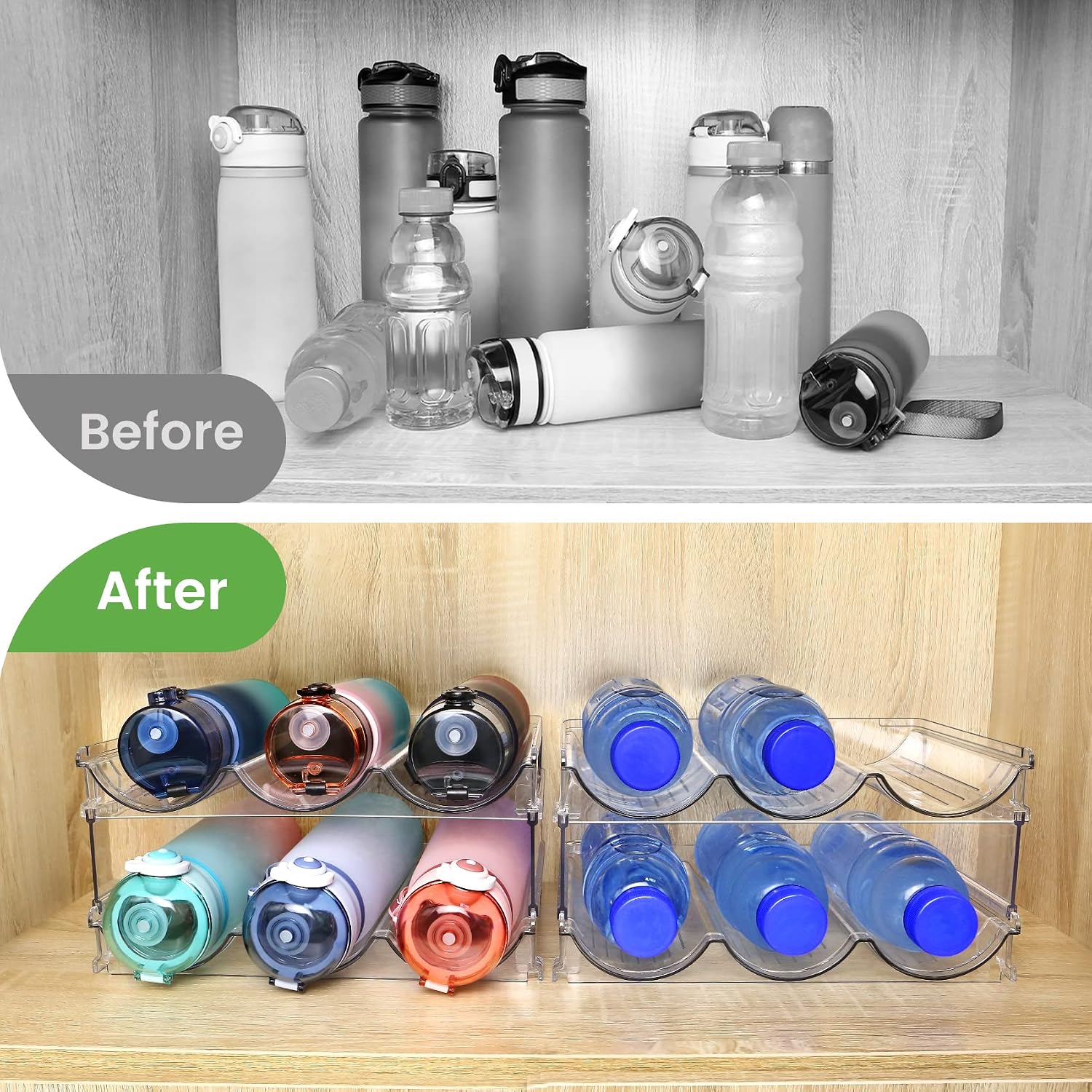 Water bottle organizer with bottles