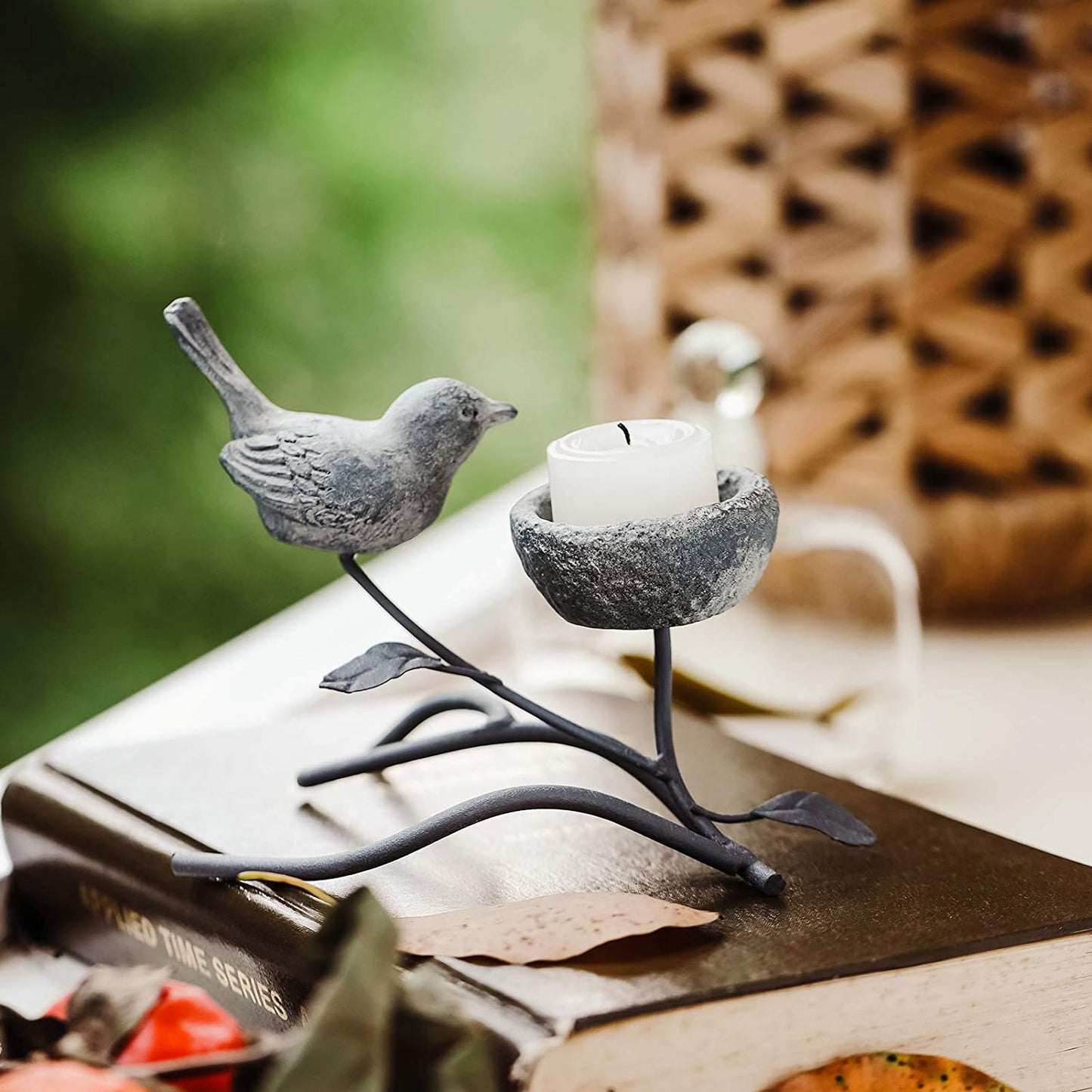 Votive Candle Holders, Vintage Home Decor Centerpiece, Iron Branches, Resin Bird and Nest, Tabletop Decorative Tealight Candle Stands,Creative Artwork (Grey Black)