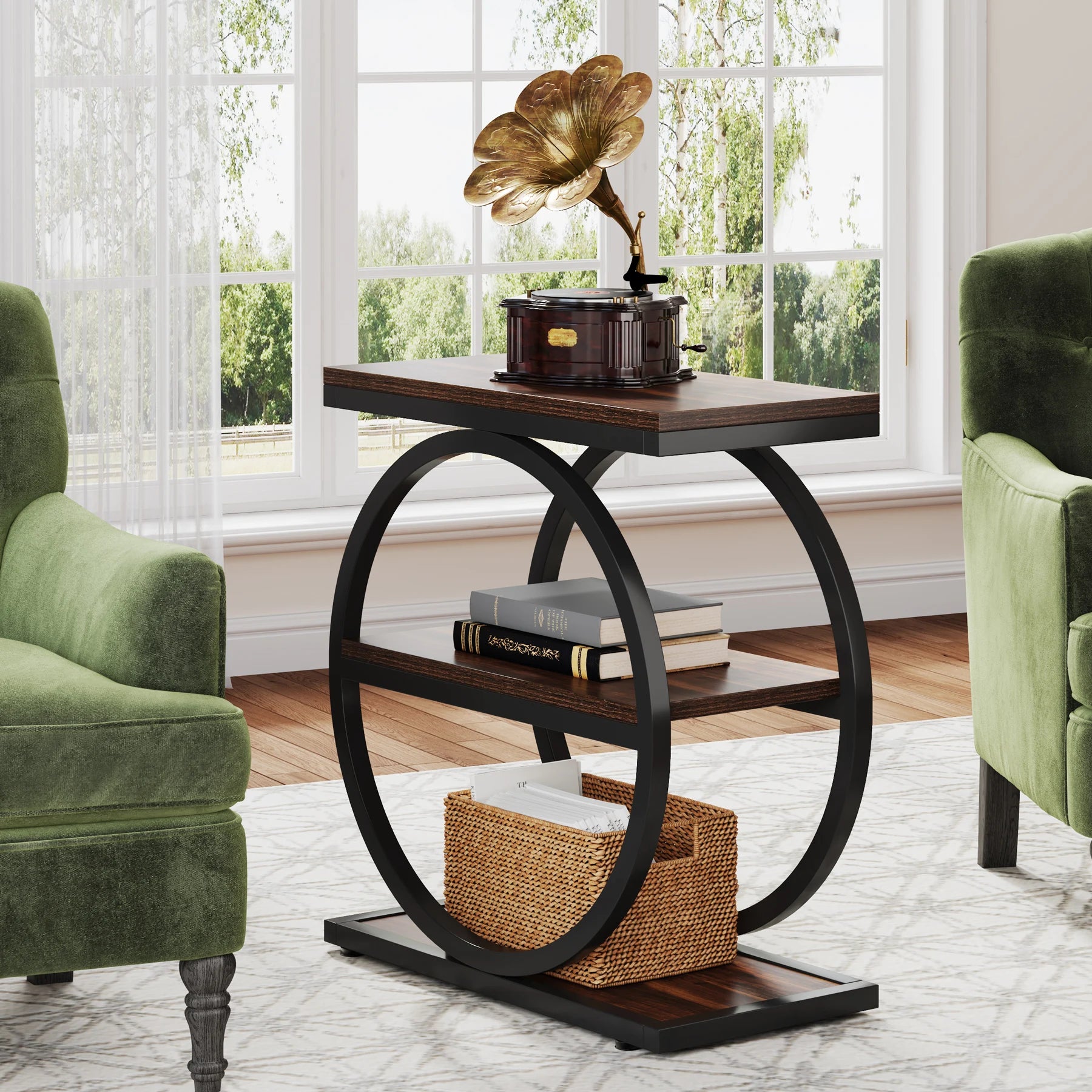 Tribesigns industrial end table with 3 storage shelves