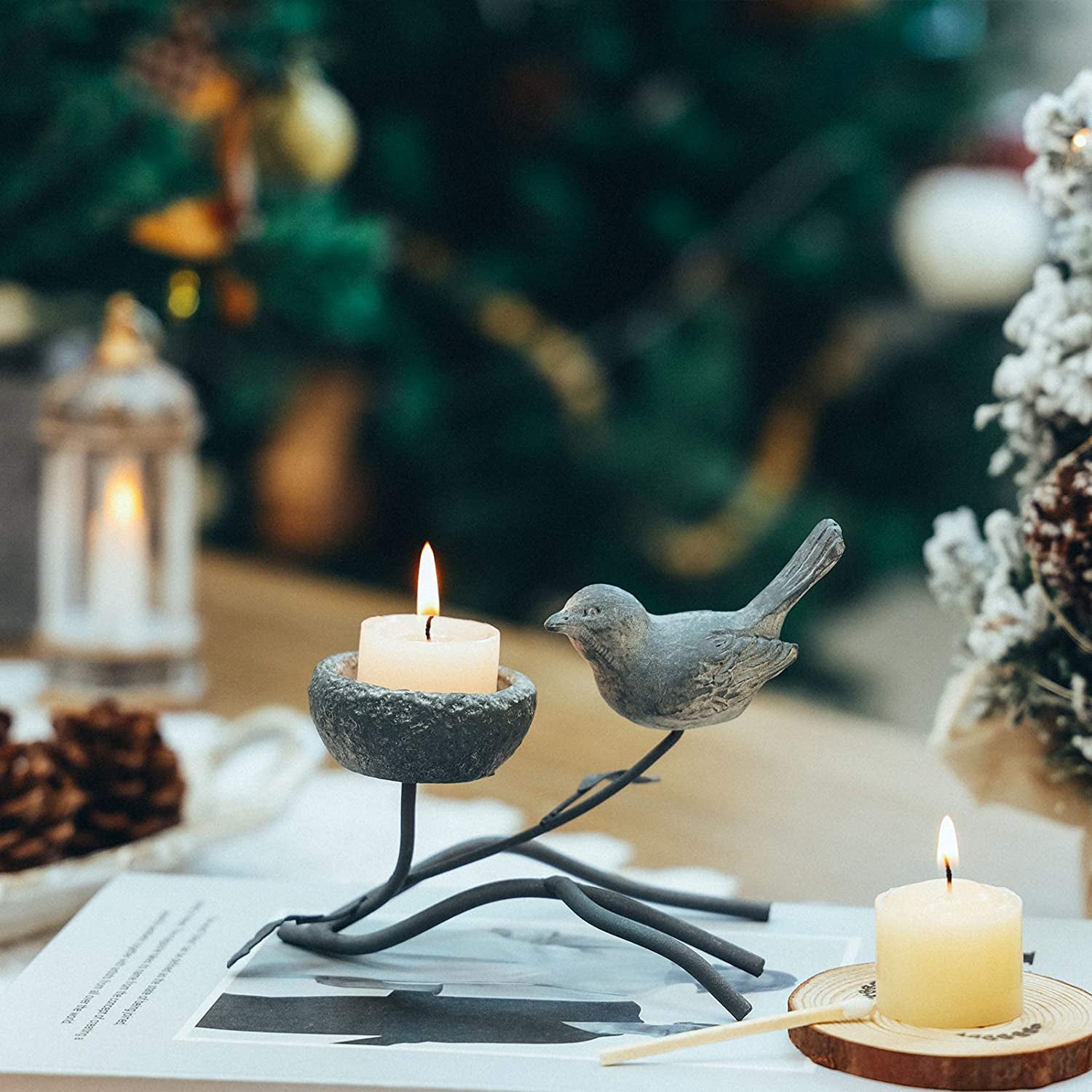 Votive Candle Holders, Vintage Home Decor Centerpiece, Iron Branches, Resin Bird and Nest, Tabletop Decorative Tealight Candle Stands,Creative Artwork (Grey Black)
